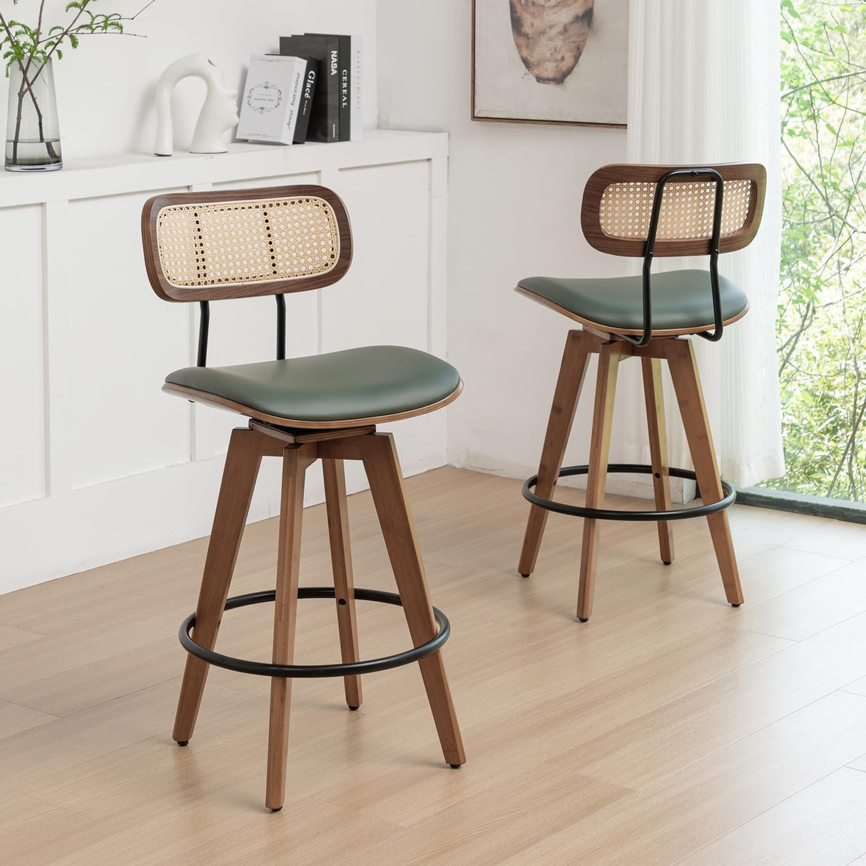 Rattan Bar Stools Set of 2, Faux Leather Counter Height Swivel Barstools