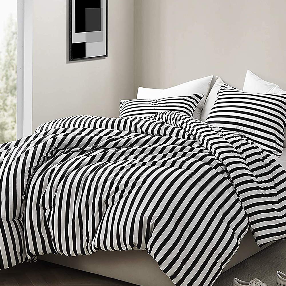 Striped Comforter Set Queen 3Pcs Black White Bedding Comforter Sets Farmhouse