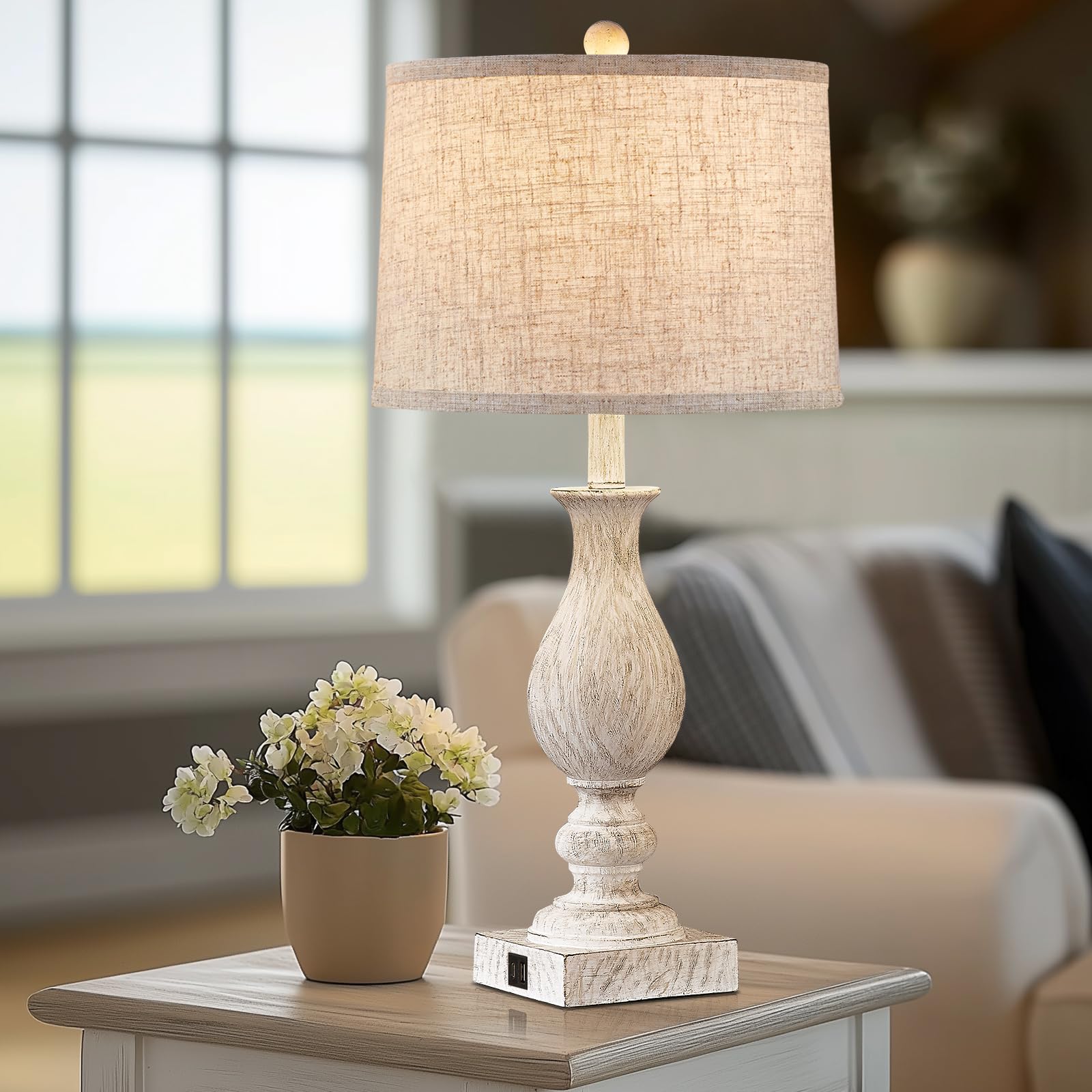 Farmhouse Table Lamp Set of 2 with USB Ports - 28" Vintage Bedside Lamps