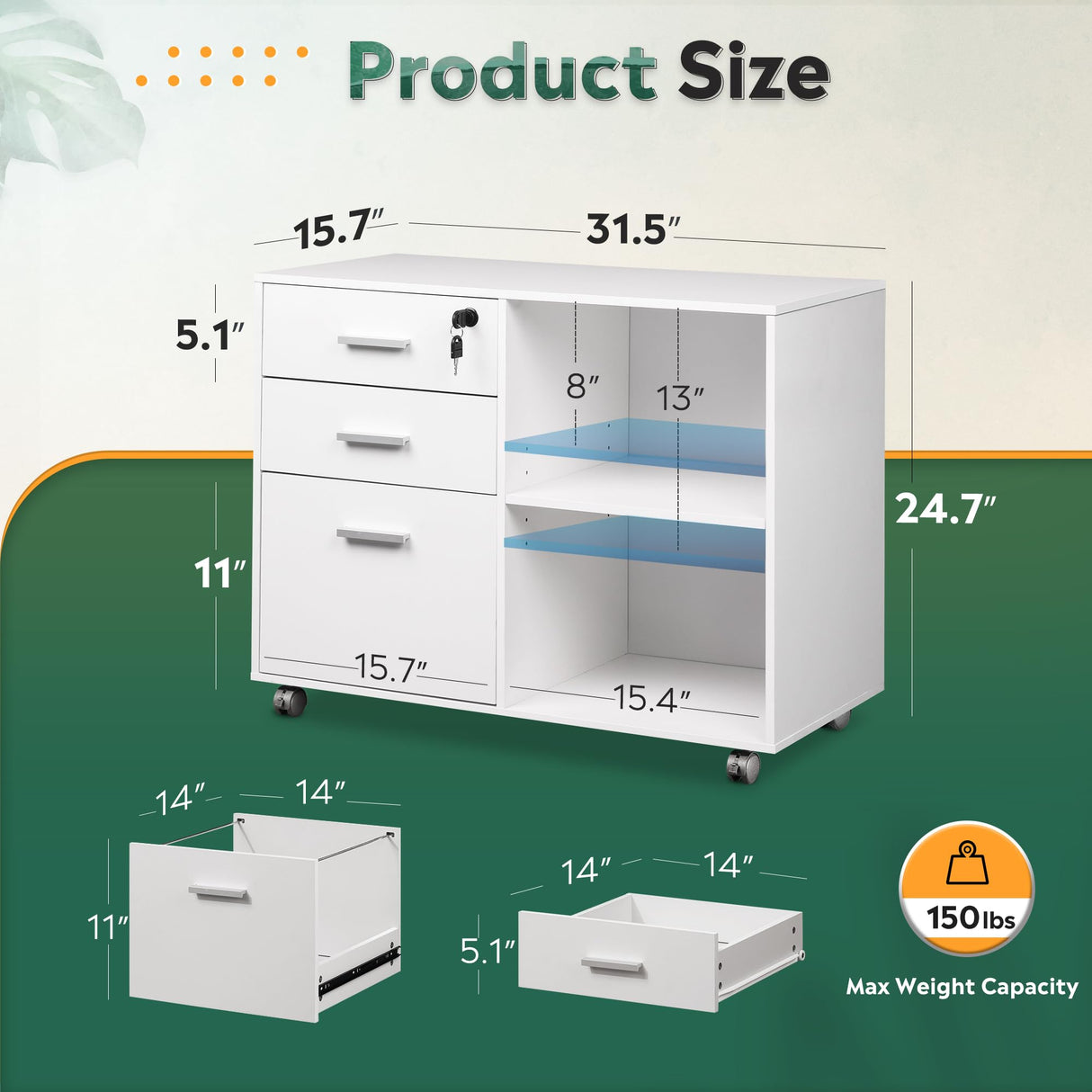 3-Drawer Wood File Cabinet with Lock, Mobile Lateral Filing Cabinet, Printer Stand