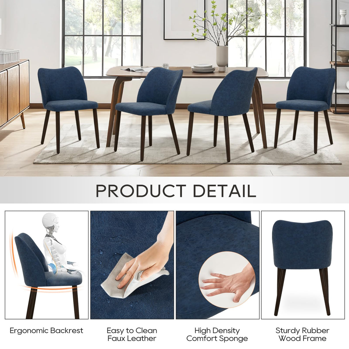 Upholstered Dining Chairs Set of 2 - Blue PU Leather