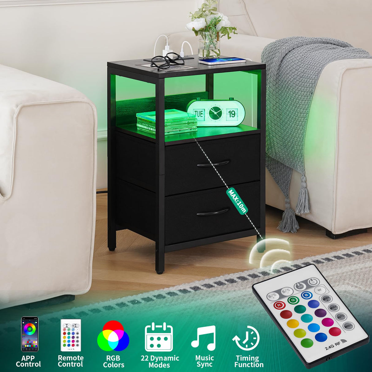 Nightstand with Charging Station, LED Night Stand with Fabric Drawers tlets