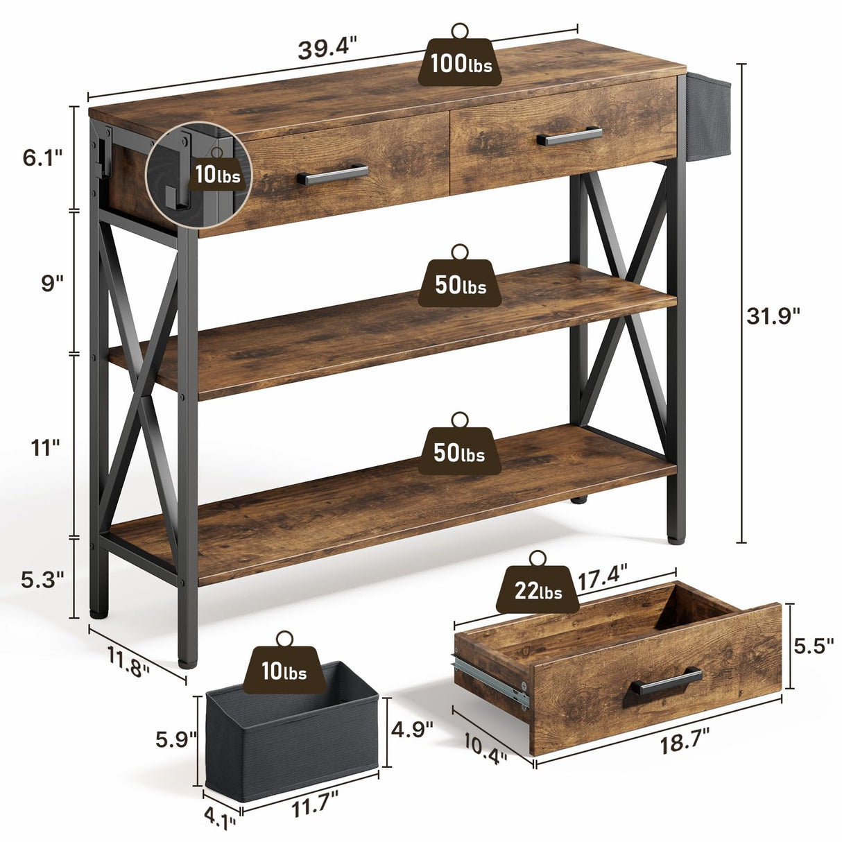 39" Console Table with 2 drawers, Industrial Entryway Table with 3 Tier Storage Shelves,