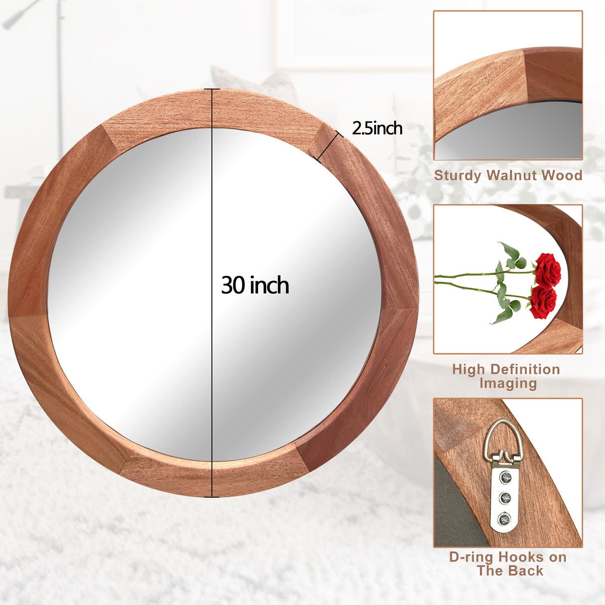 Mirrors 30 Inch,Wood Vanity Wall Rustic Mirror with Walnut Frame, Wooden Circle