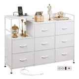 White Dresser TV Stand for Bedroom with Charging Station and Open Shelves, Fabric