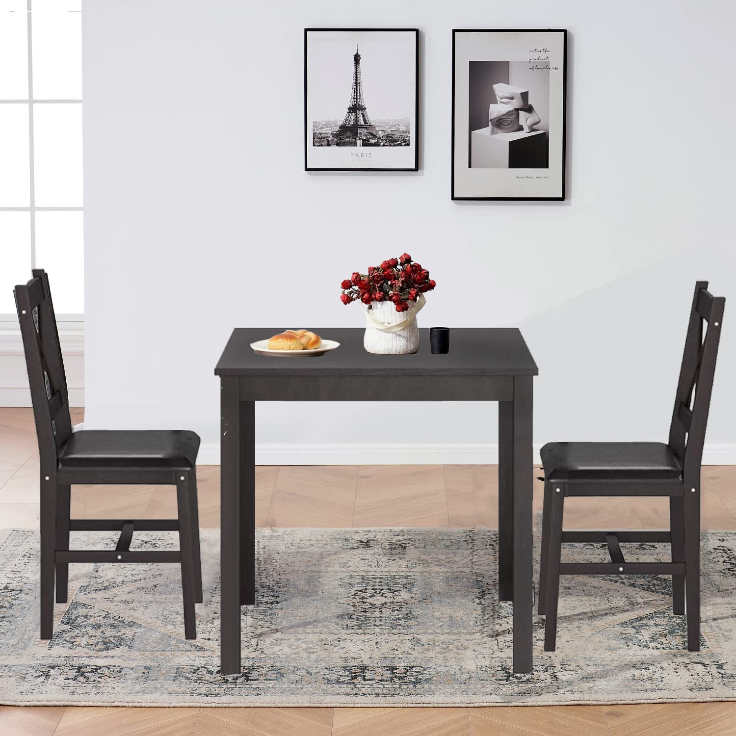 3-Piece Solid Pine Dining Table Set for 2 - Dark Brown