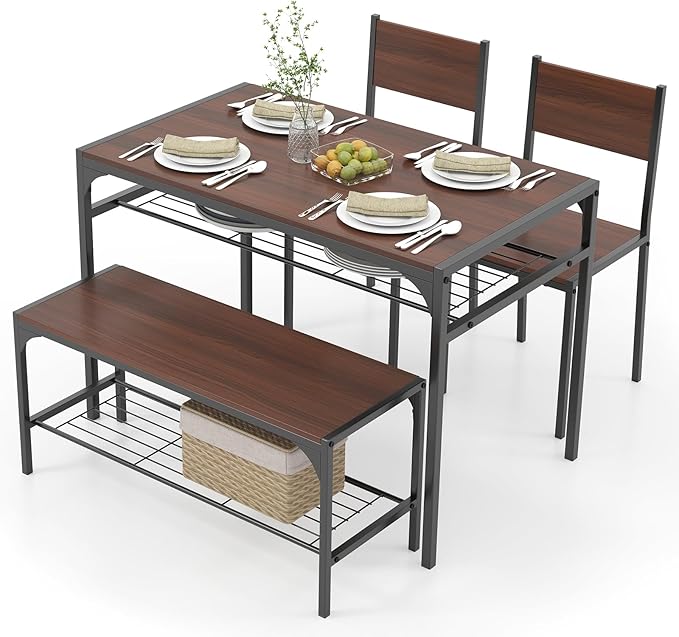 4 Pieces Dining Table Set, Kitchen Table and 2 Chairs for 4 with Bench, Storage Racks,