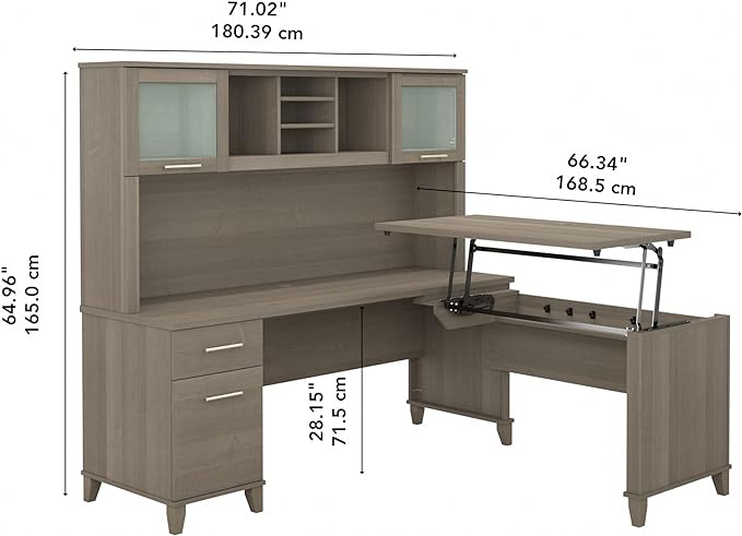 Somerset 3 Position Sit to Stand L Shaped Desk with Hutch in Ash Gray