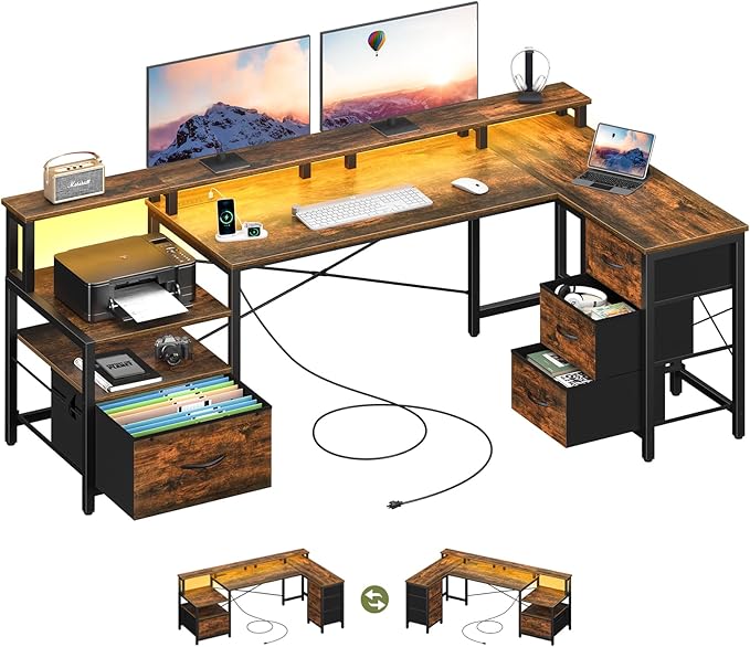 L Shaped Desk with Drawers, LED Computer Desk with Power Outlets, 75" Reversible