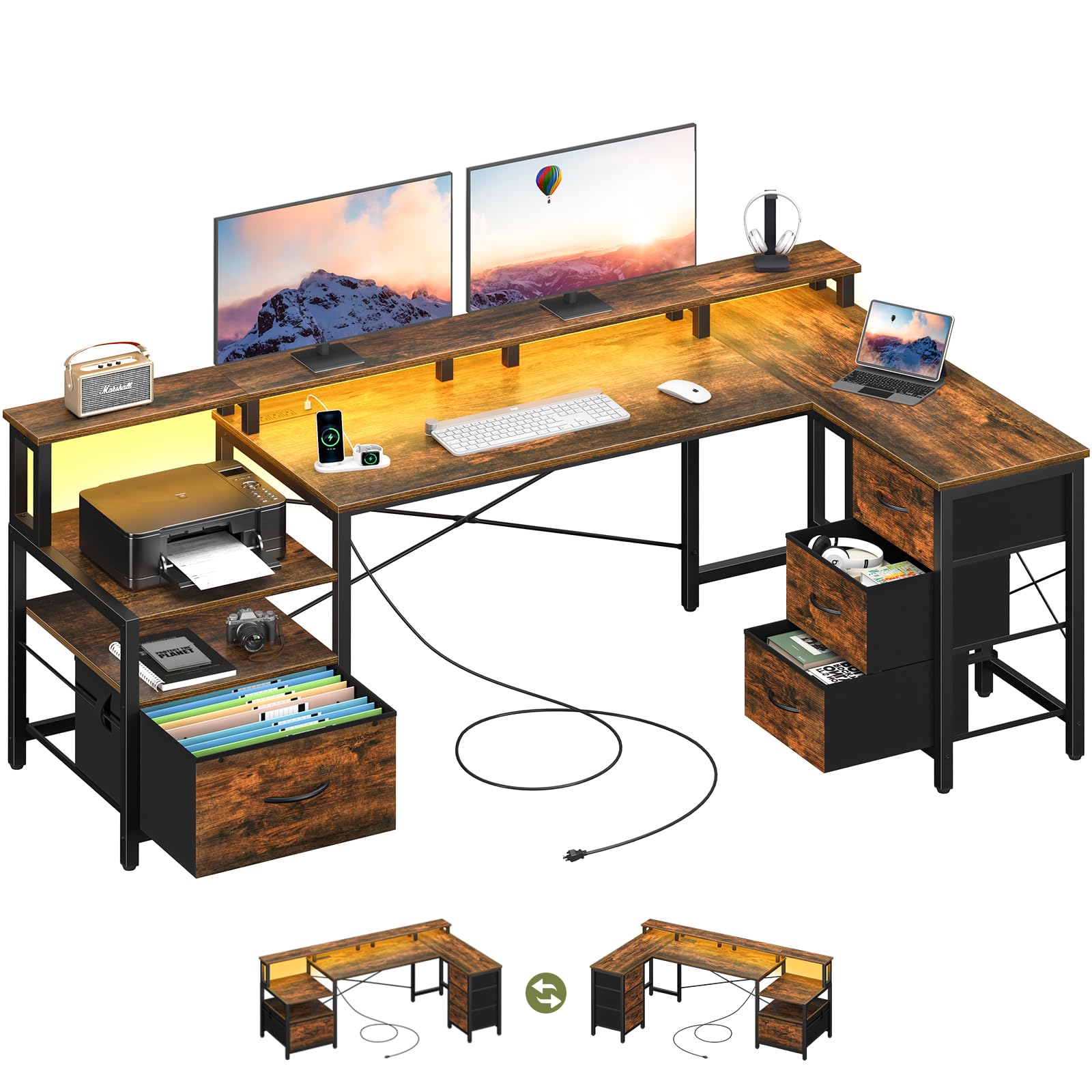 L Shaped Desk with Drawers, LED Computer Desk with Power Outlets, 75" Reversible