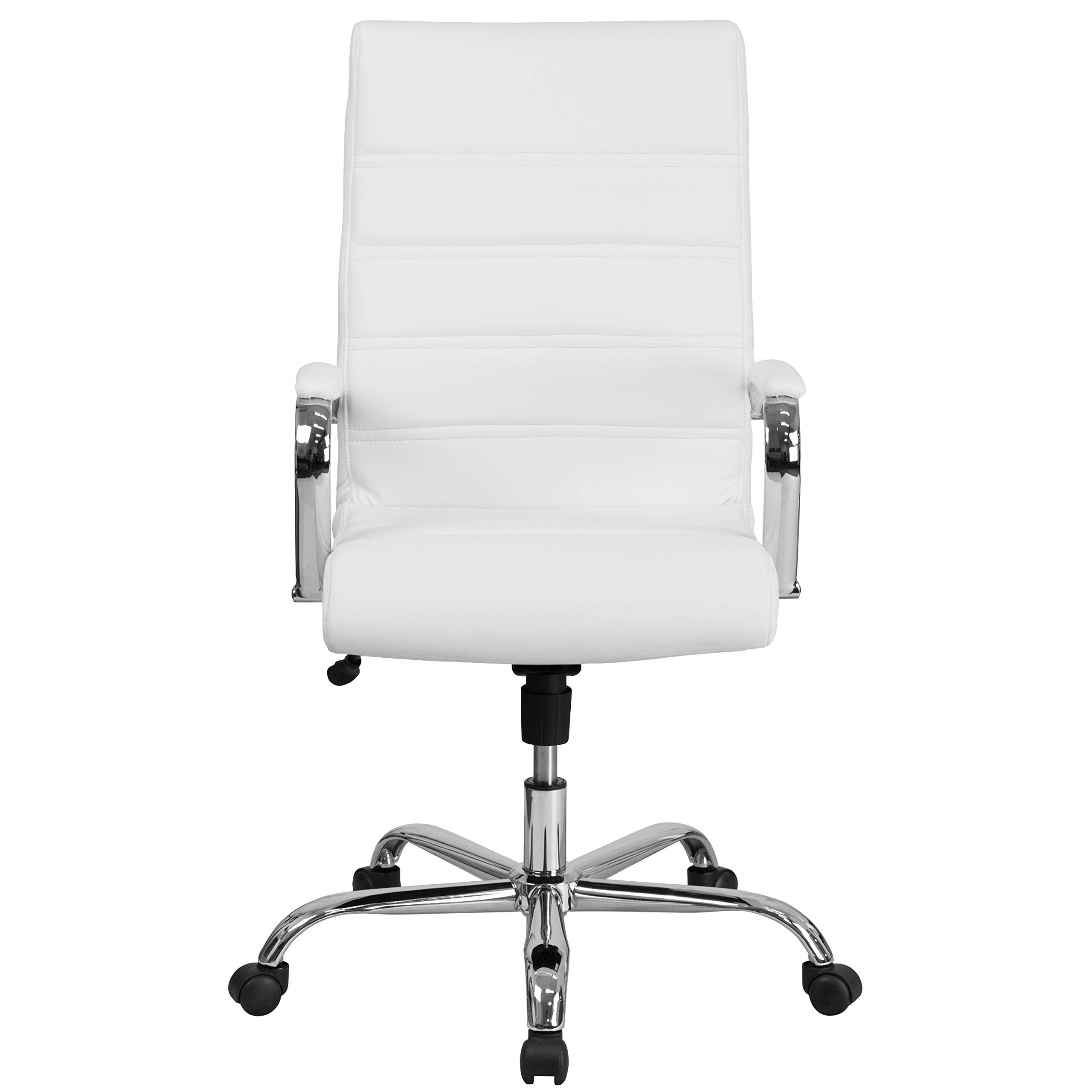 -Back Swivel LeatherSoft Desk Chair with Padded Seat and Armrests, Adjustable Height Padded Office Chair, White/Chrome