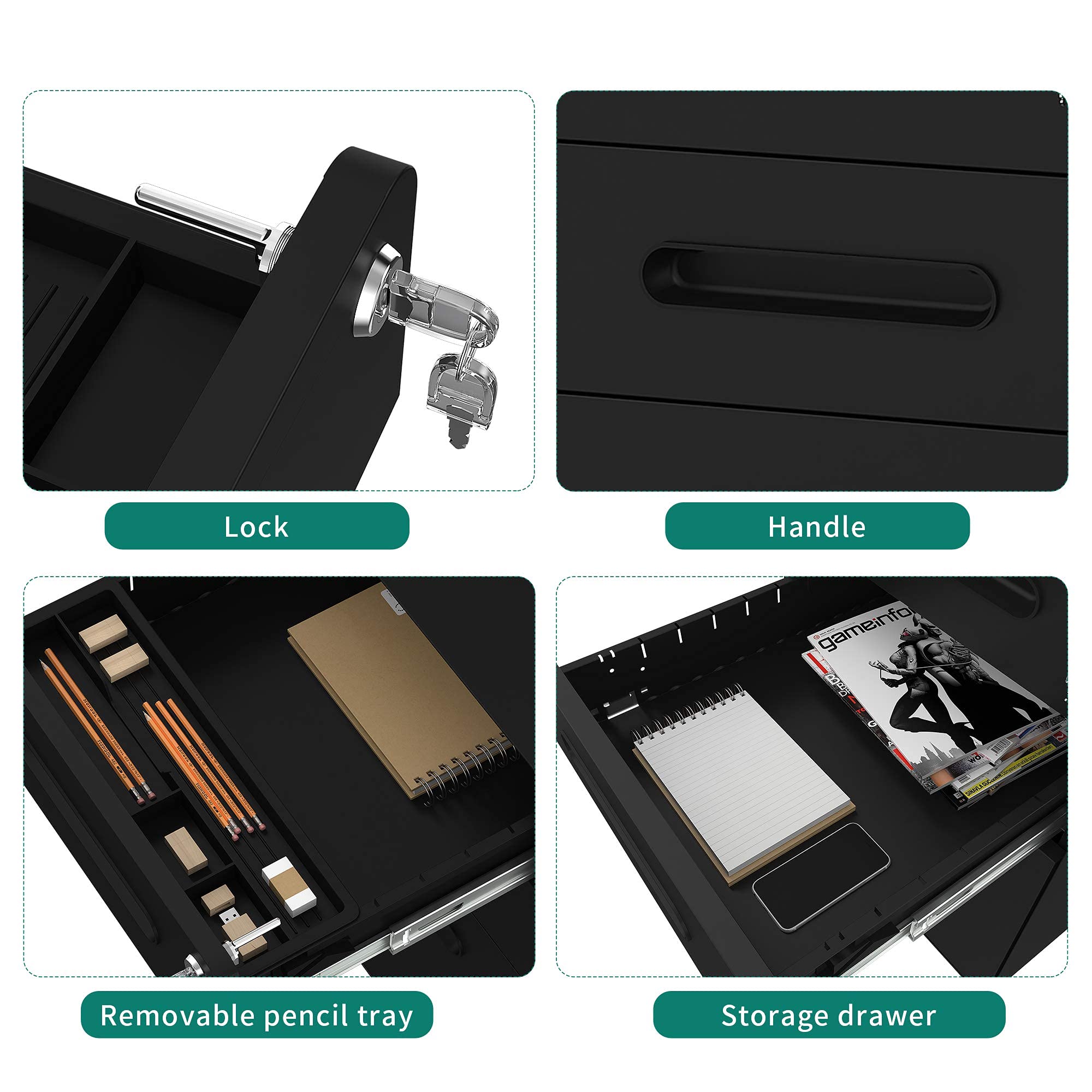 3-Drawer Rolling File Cabinet, Metal Mobile File Cabinet with Lock,