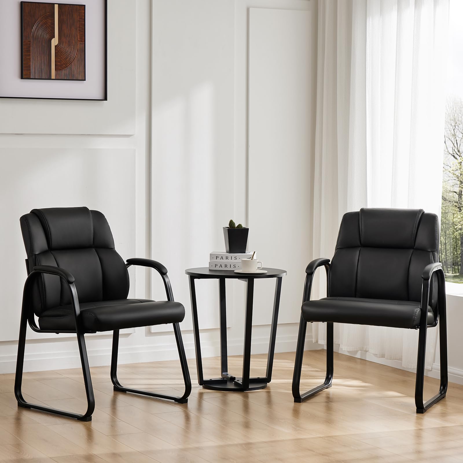 Office Guest Chair Set of 2, Leather Stationary Waiting Room Chairs No Wheels