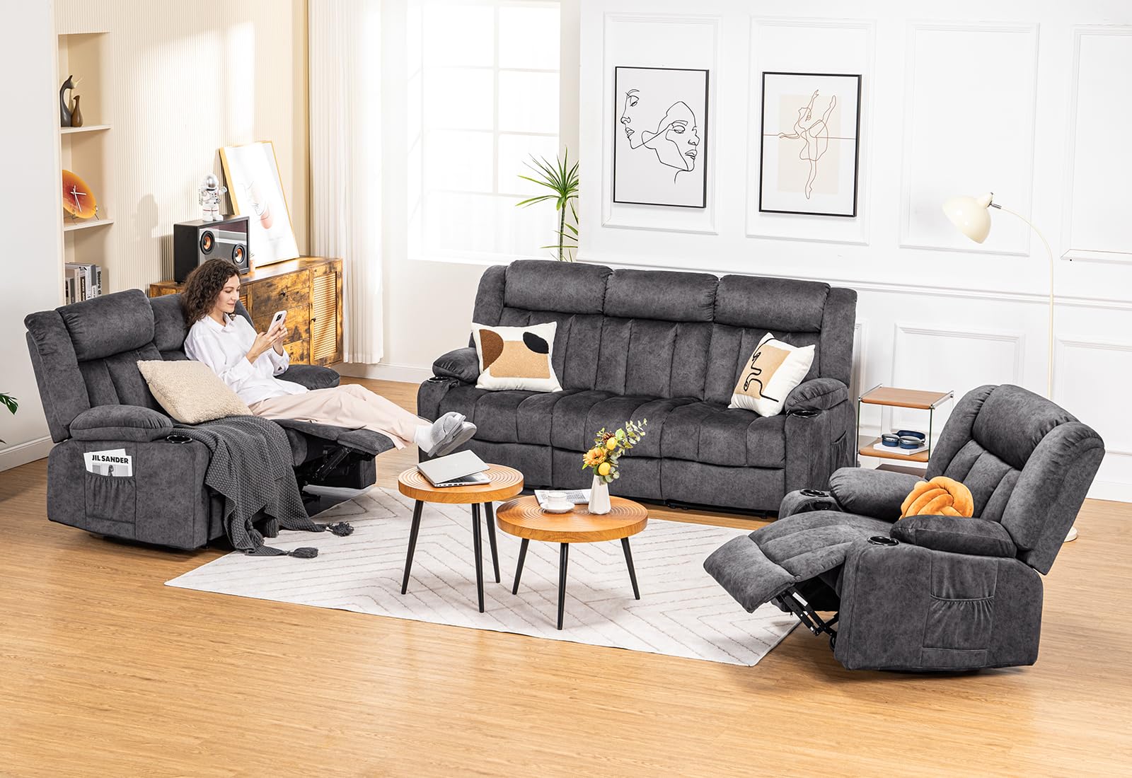 Manual Recliner Chair Set，Fabric Reclining Sofa Chair