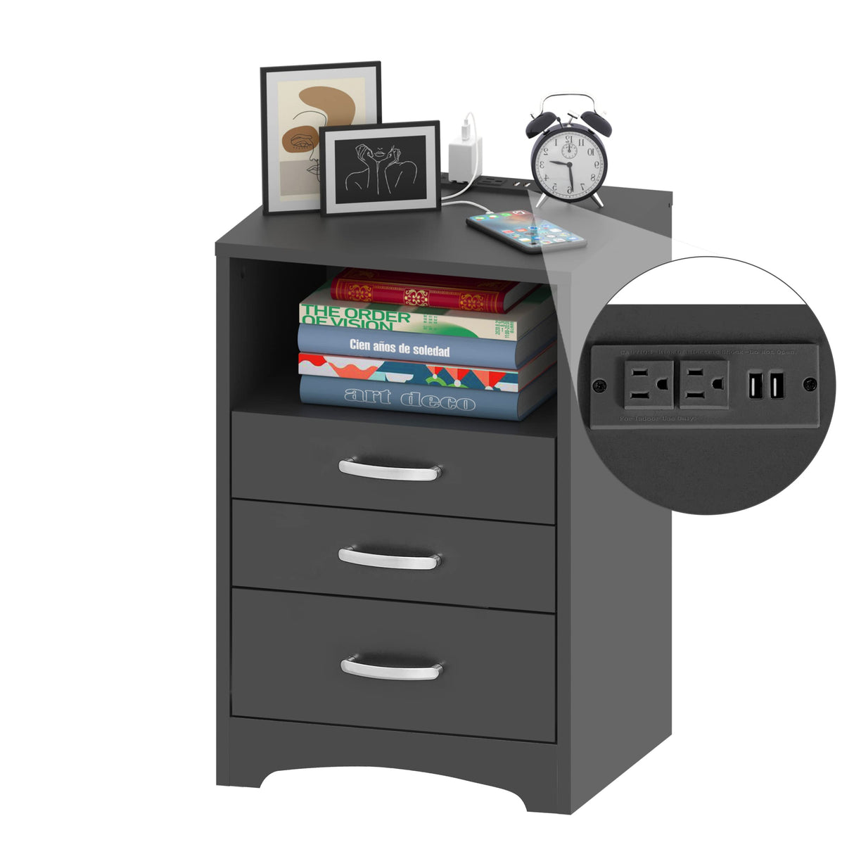 3 Drawers Black Nightstand with Charging Station, Side Table with Open Storage Bedside