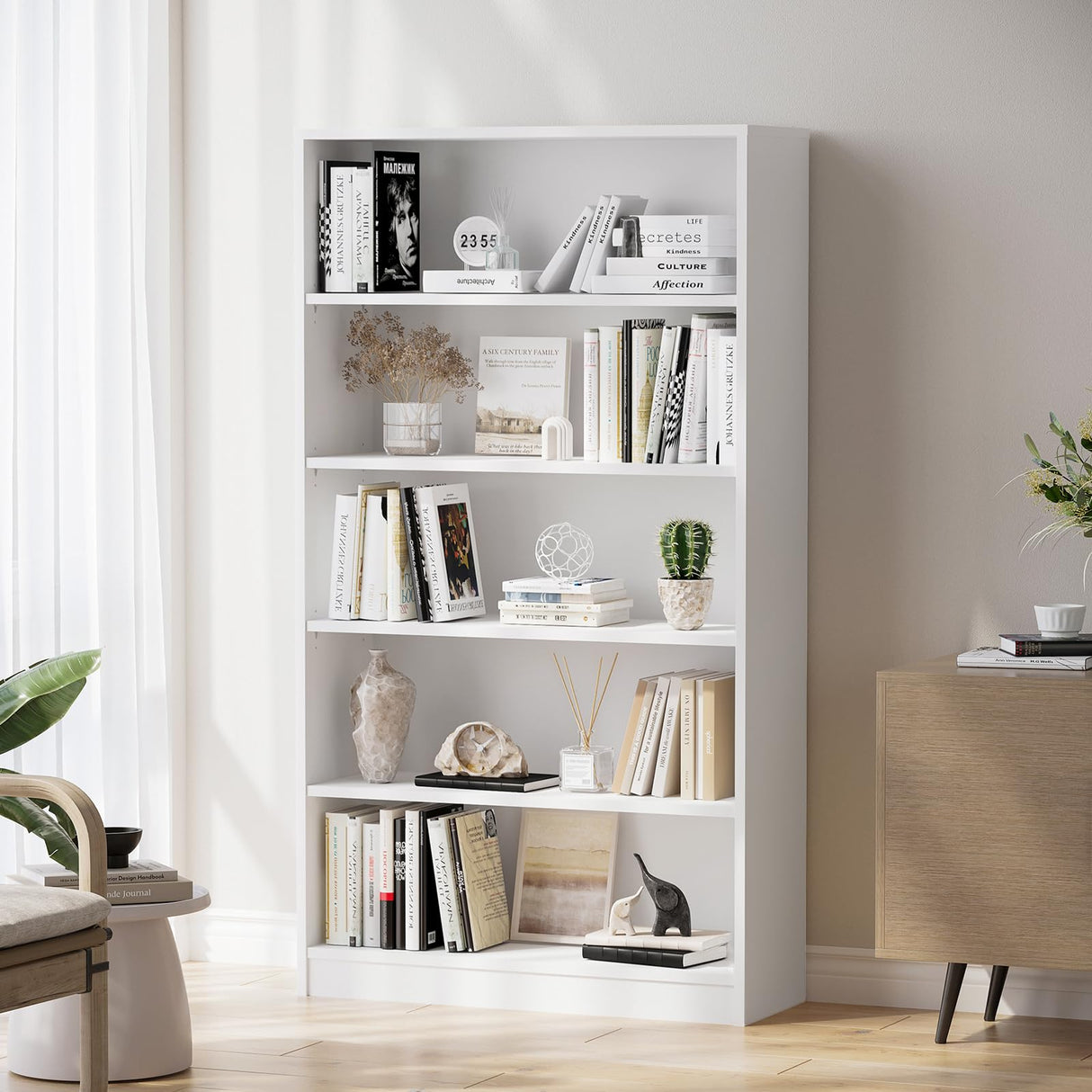 Soohow White Bookcase,Bookshelf for Bedroom,60 inches Tall Wood Book case Book Shelves,5 Shelf Book Shelves for Living Room Office