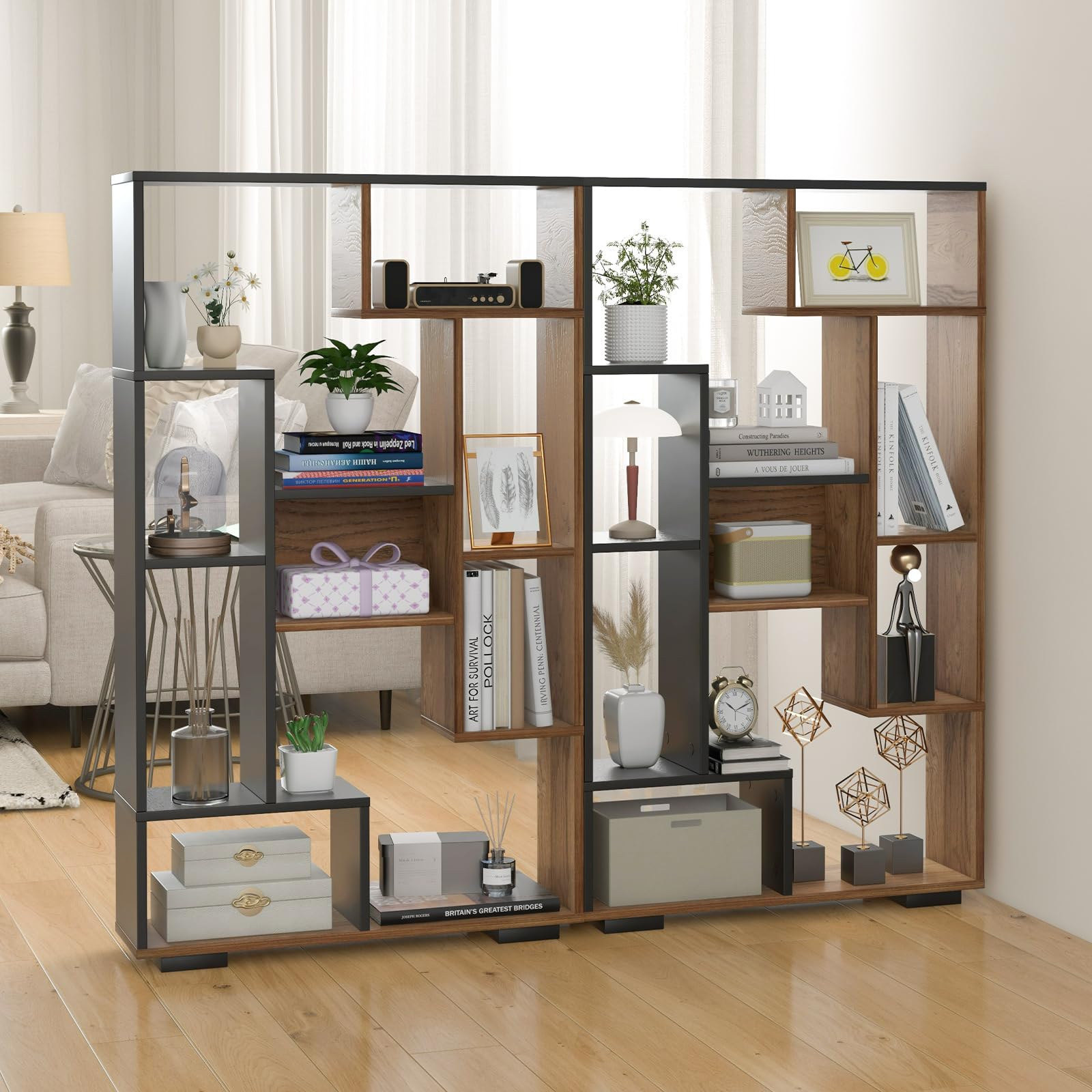 47-Inch Bookshelf, Modern Wooden Geometric Bookcase with Open Shelves, Anti-Tipping Kits, Wood Book Case Shelf, Open Cube Storage Organizer Display Rack for Living Room