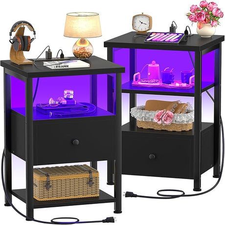 Besiost Nightstand Set of 2 with LED Lights, 3 Tier Night Stand with Charging Station