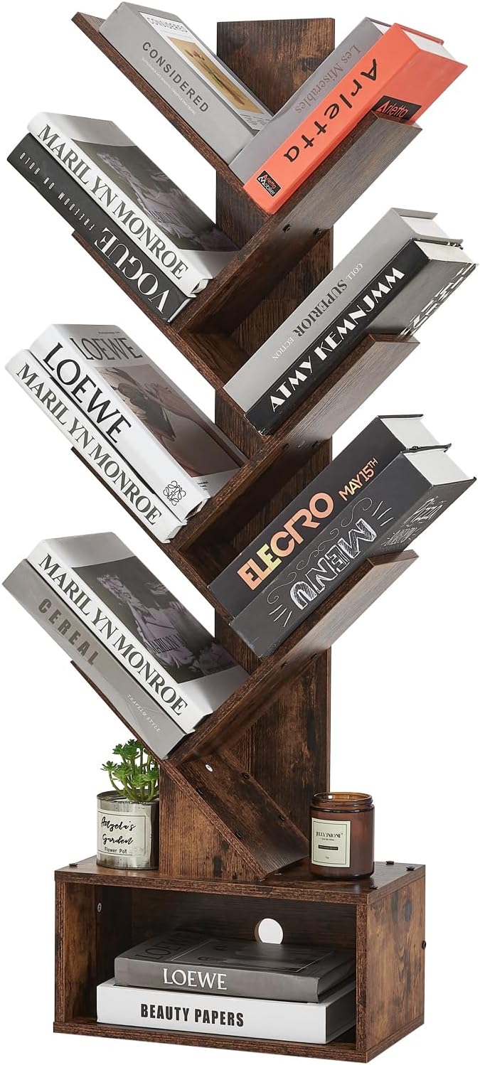 Tree Bookshelf, 6-Tier Book Shelf, Wooden Bookshelves Storage Organizer Shelves for