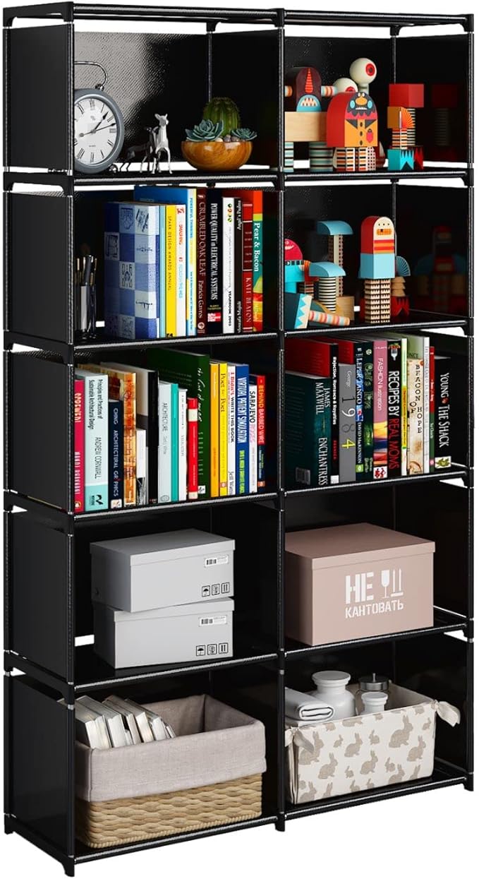 6-Tiers Portable Bookshelf with Fabric Cloth at Back, 10 Cube Closet Storage Organizer Bookcase