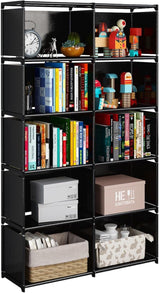 6-Tiers Portable Bookshelf with Fabric Cloth at Back, 10 Cube Closet Storage Organizer Bookcase