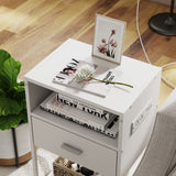 Nightstand with Charging Station, Modern End Table with Drawer, White Bedside Table