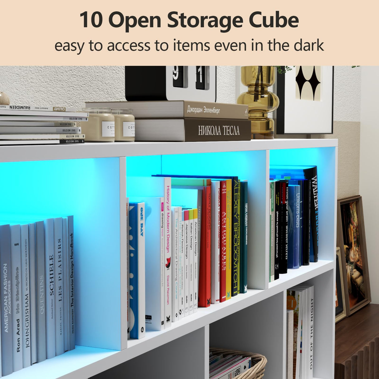 10 Cube Book Shelf with LED Lights, 3-Tier White Bookcase with Solid Wood Legs