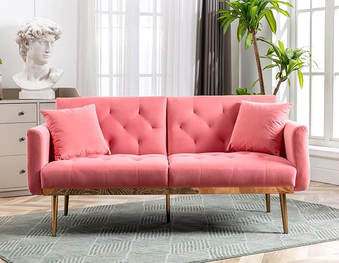 Convertible Velvet Futon Sofa Bed, Upholstered Loveseat Sleeper Couch with 3 Reclining Angles and 2 Pillows