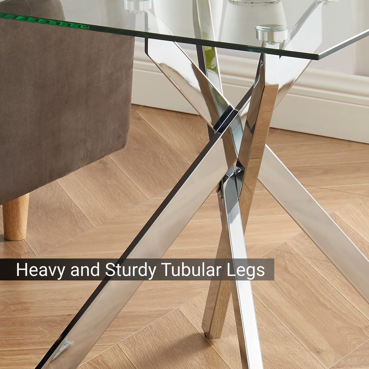 Modern Style Square Side Table with Tempered Glass Top and Metal Tubular Legs