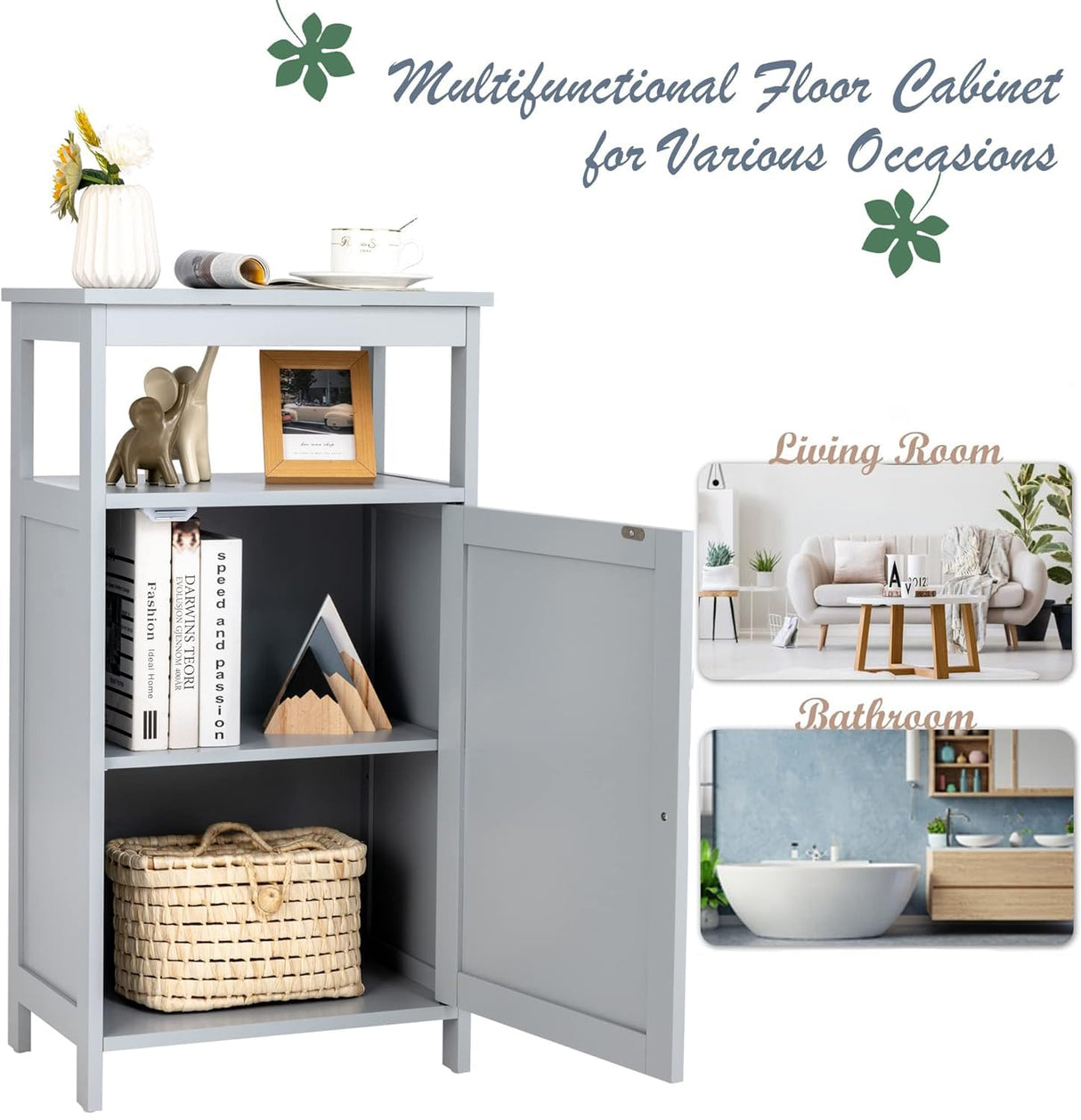 Floor Storage Cabinet, Multifunctional Side Storage Cabinet with Three-Position Adjustable