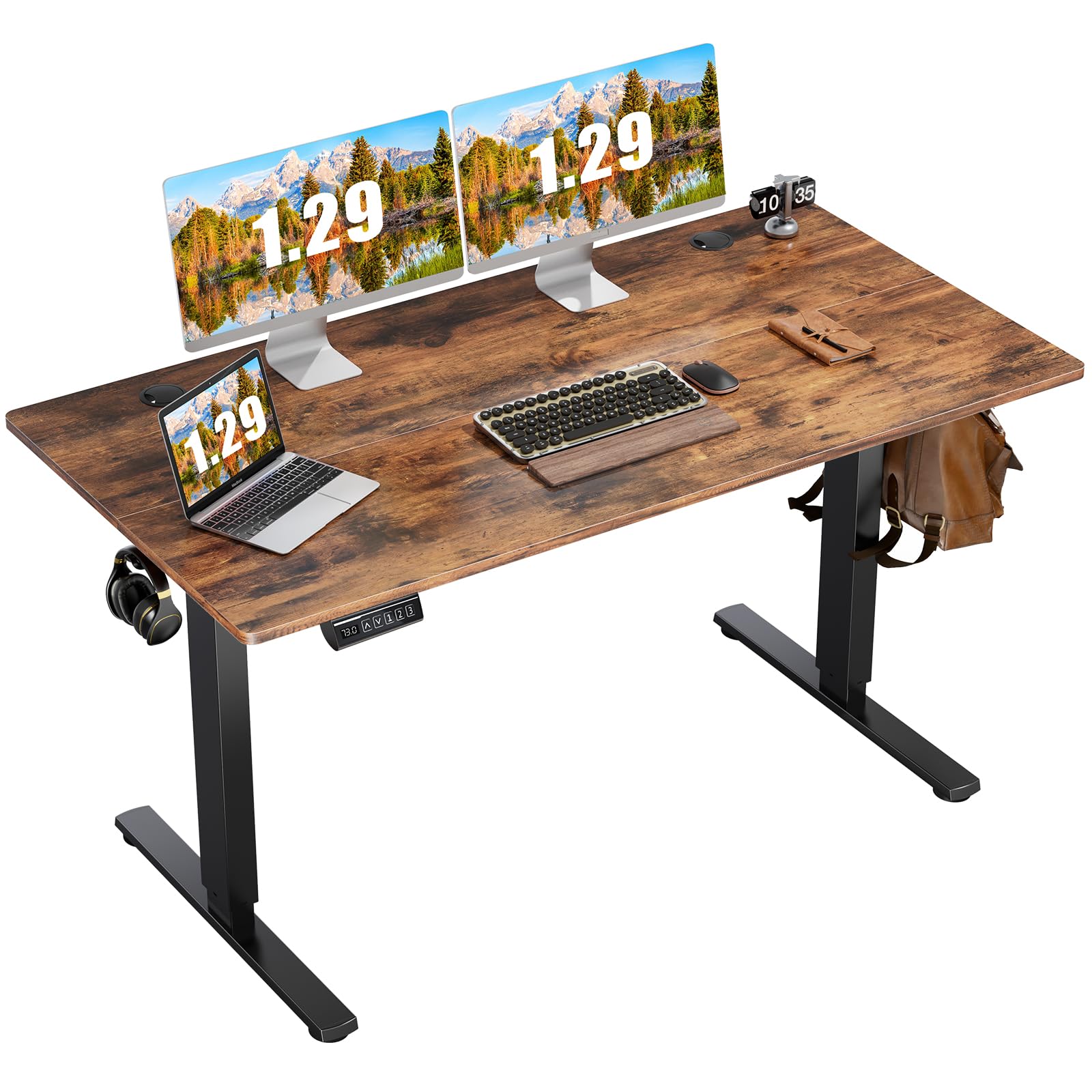 Adjustable Height, 63inch Electric Sit Stand up Desk for Home Office, Modern Rising Work Table for Computer Laptop, Lift Gaming Desk Sturdy Ergonomic Workstation, Rust Brown
