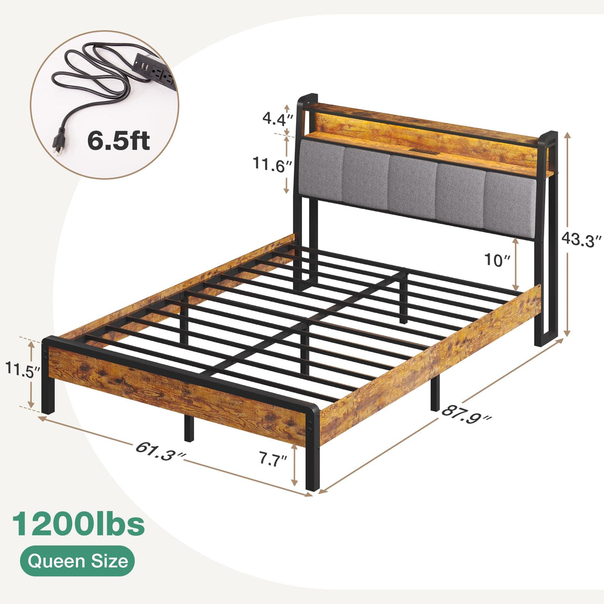 Queen Bed Frame, Queen Platform Bed Frame with Upholstered Headboard,