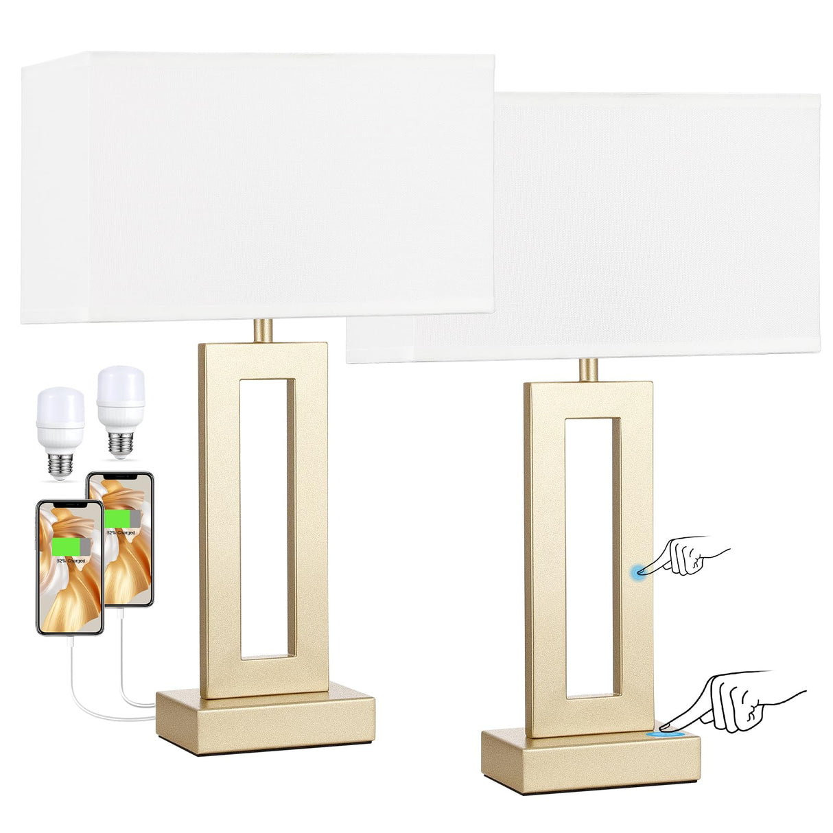 Bedroom Table Lamps Set of 2 - Touch Bedside Lamps with USB C+A, 3 Way Dimmable Gold Lamp for Nightstand,