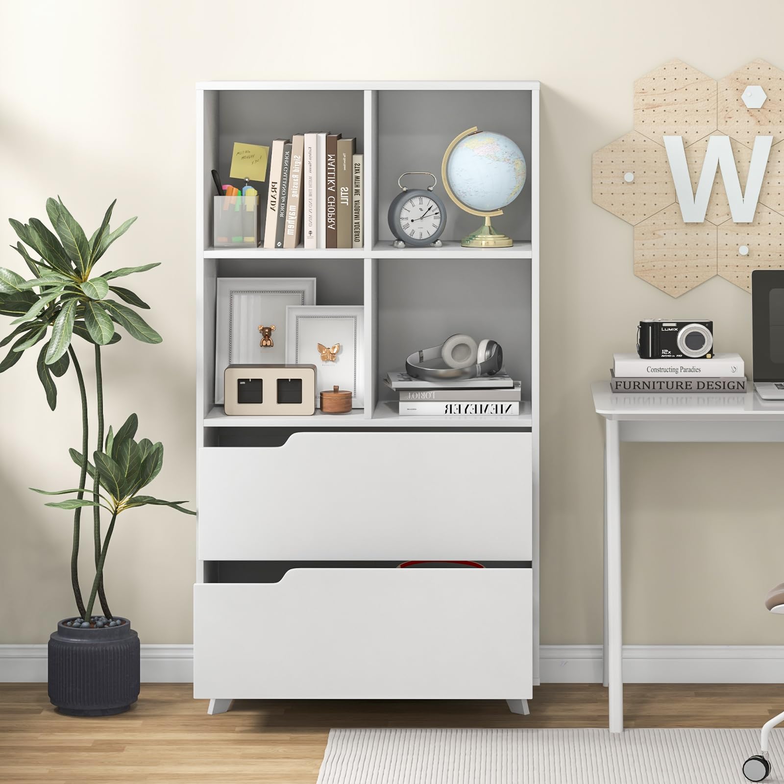 51" Tall Bookcase with 2 Drawers, 4-Tier Open Bookshelf