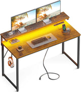 Computer Desk, 48 Inch Gaming Desk with LED Lights and Power Outlet, Office Desk with Adjustable Monitor Shelf (3 Heights), Computer Table Work Desk for Home/Bedroom, Rustic Brown