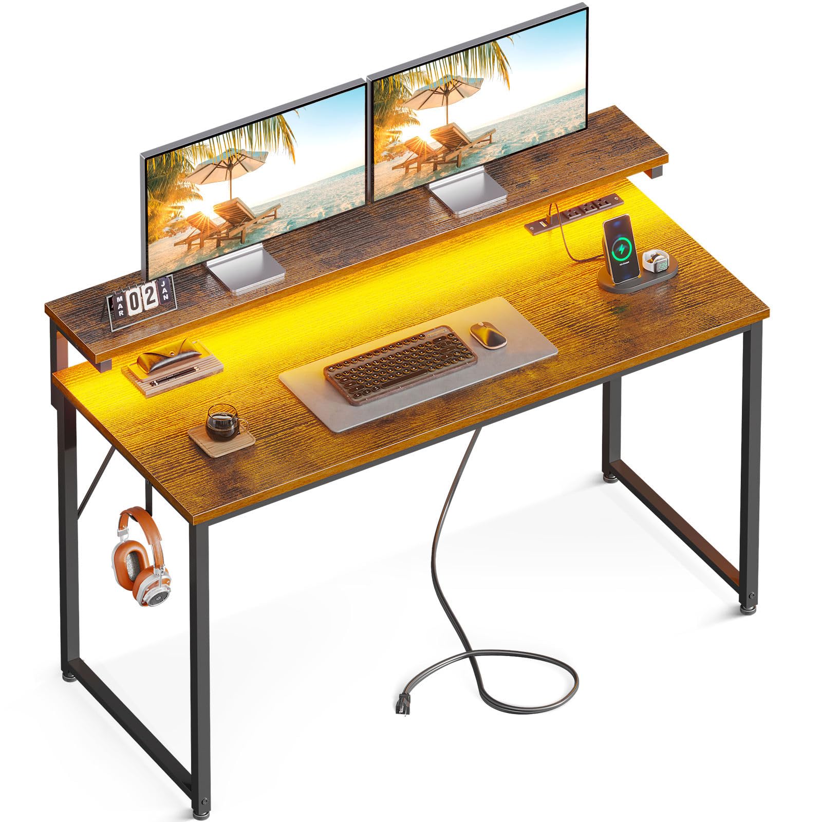 Computer Desk, 48 Inch Gaming Desk with LED Lights and Power Outlet, Office Desk with Adjustable Monitor Shelf (3 Heights), Computer Table Work Desk for Home/Bedroom, Rustic Brown