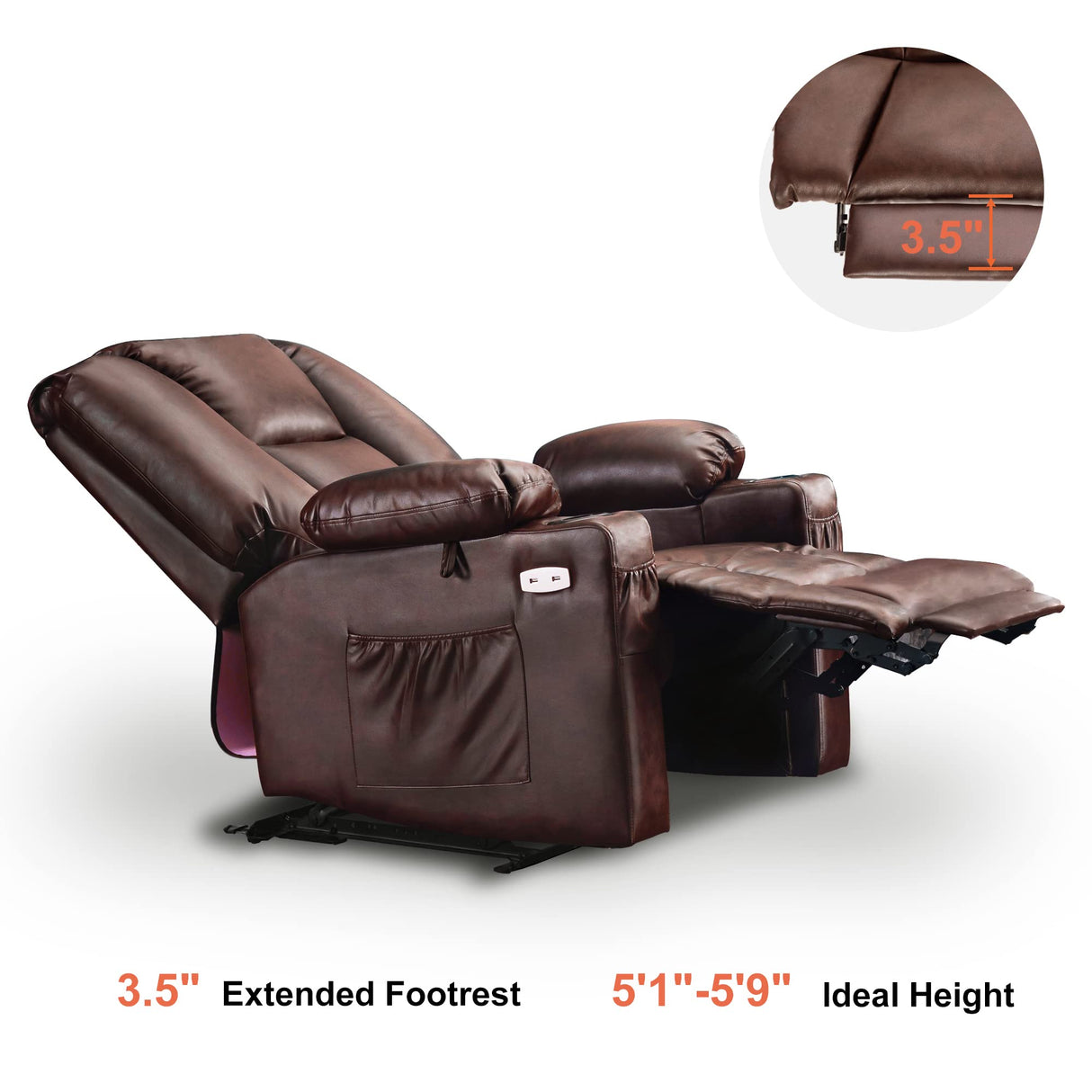 Electric Power Recliner Chair with Massage and Heat, Extended Footrest, USB Ports, 2