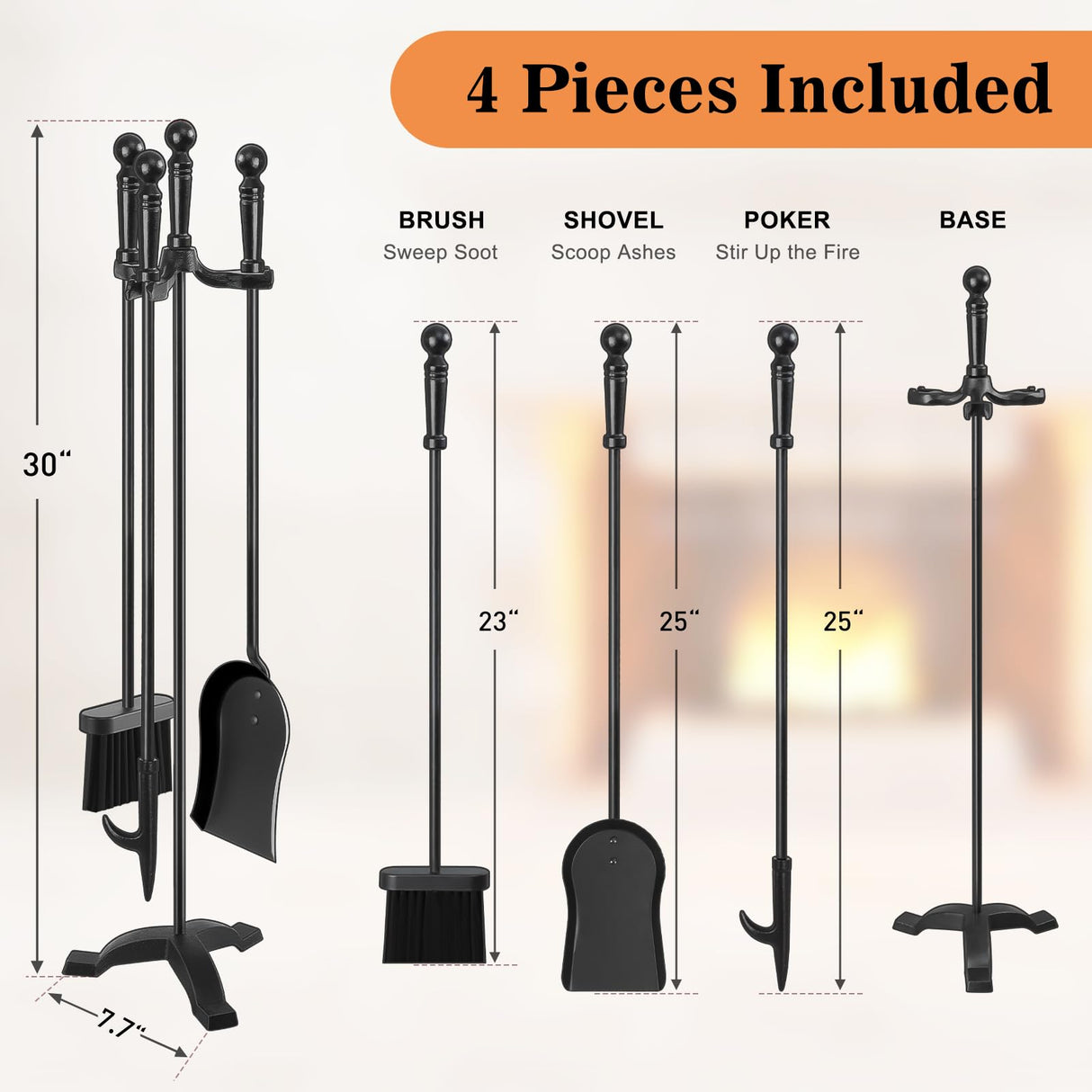 Fireplace Tools Set 4 Pcs 30 Inch Black Wrought Iron Large Fire Tool Set