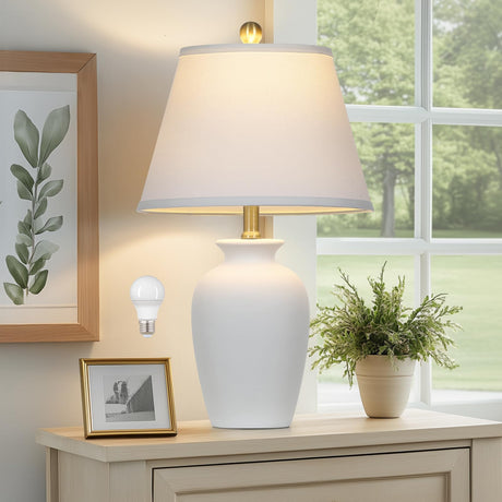 Cinkeda 22" White Ceramic Modern Table Lamp with Ginger Jar Design - for Living Room,Dining Room,Bedroom,Office,Nightstand,End Table