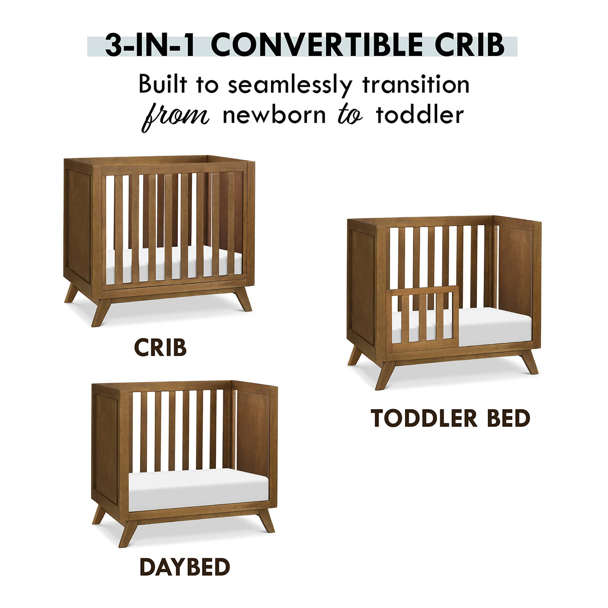 Otto 3-in-1 Convertible Mini Crib with 4" Mattress in Walnut, Greenguard Gold Certified