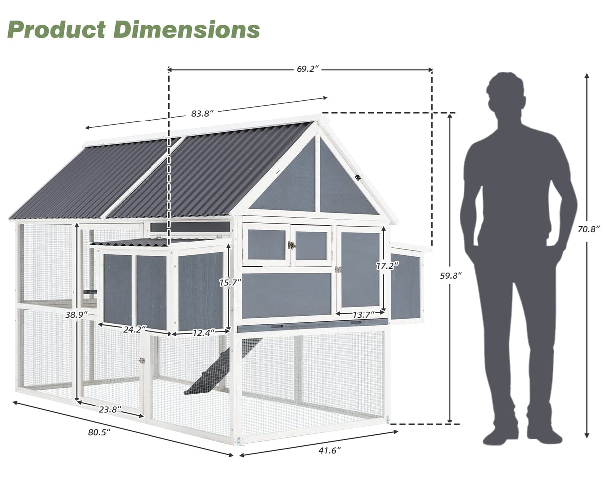 84” Large Chicken Coop, Outdoor Wooden Hen House Poultry Cage