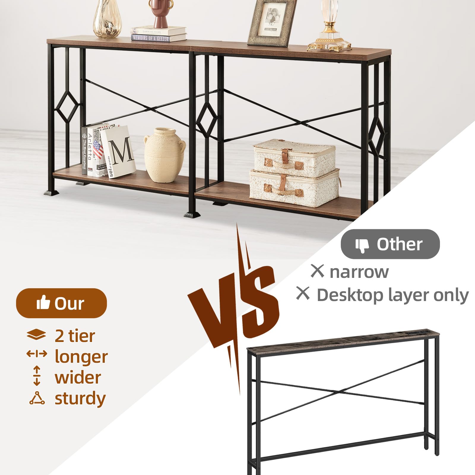 70.9" Industrial Console Table with 2-Tier Storage Shelf