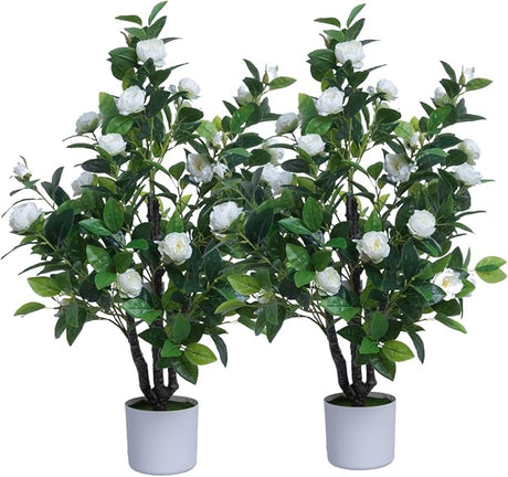 Artificial Camellia Tree 35in Faux Floral Plant with Red Flowers and Green Leaves