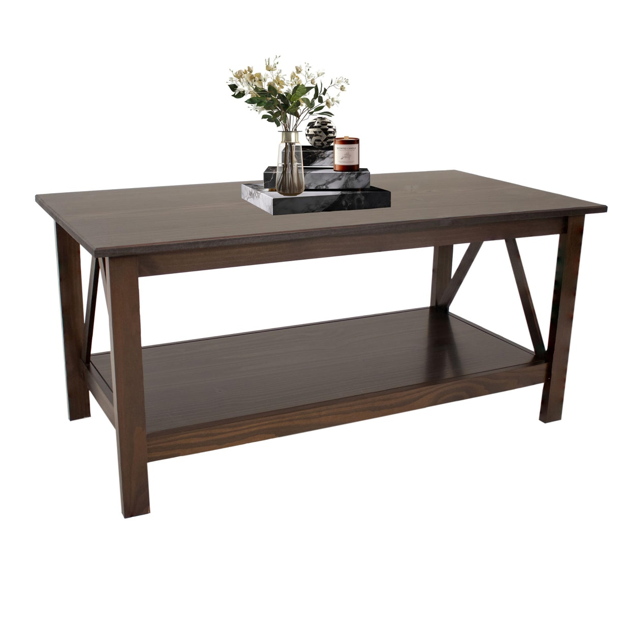 Dark Wood Coffee Table with Storage Shelf - Indoor Solid Pine Wood Center Table