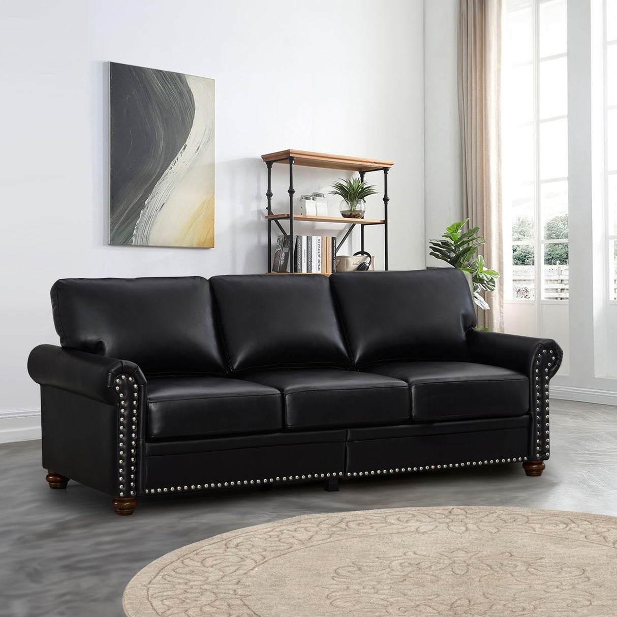 Faux Leather Sofa Couch,82" Mid Century Modern Couch with Storage Place,Oversized 3 Seater Sofa with Nailhead Trim&Rolled Arm,Deep Seat Comfy Couch for Living Room,Apartment,Office(Black)