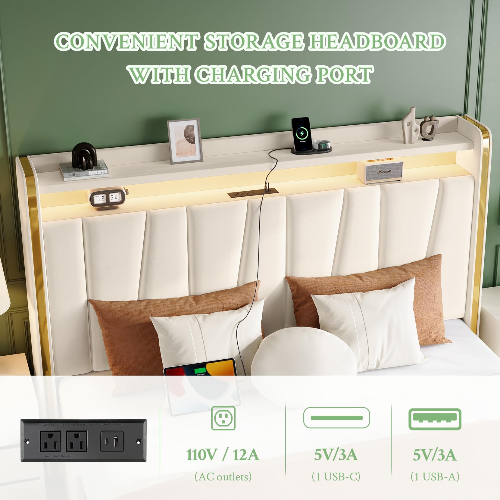 Queen Platform Bed Frame with Storage Drawers & LED Headboard