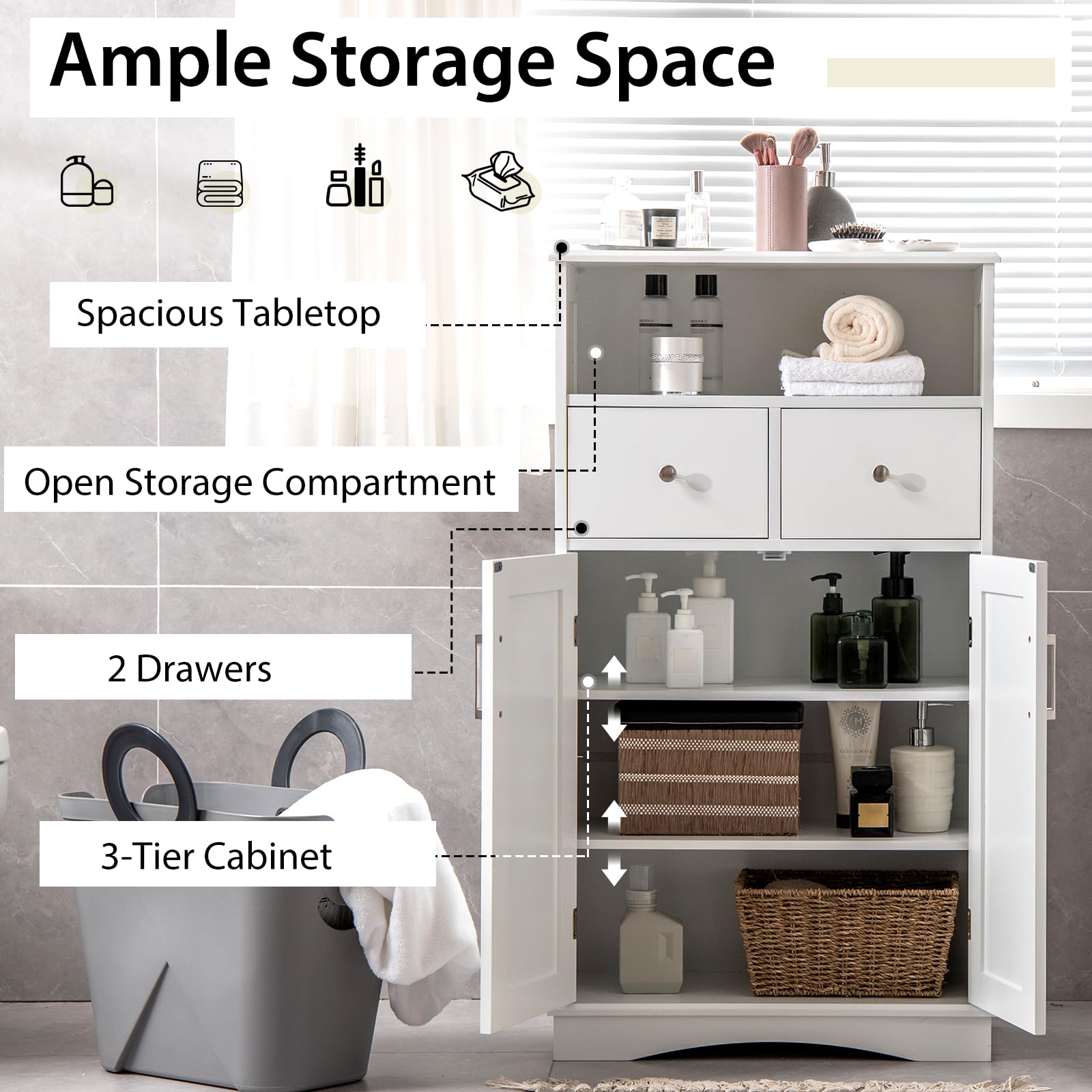 Bathroom Floor Storage Cabinet - Freestanding Storage Cabinet with 2 Doors, 2 Drawers