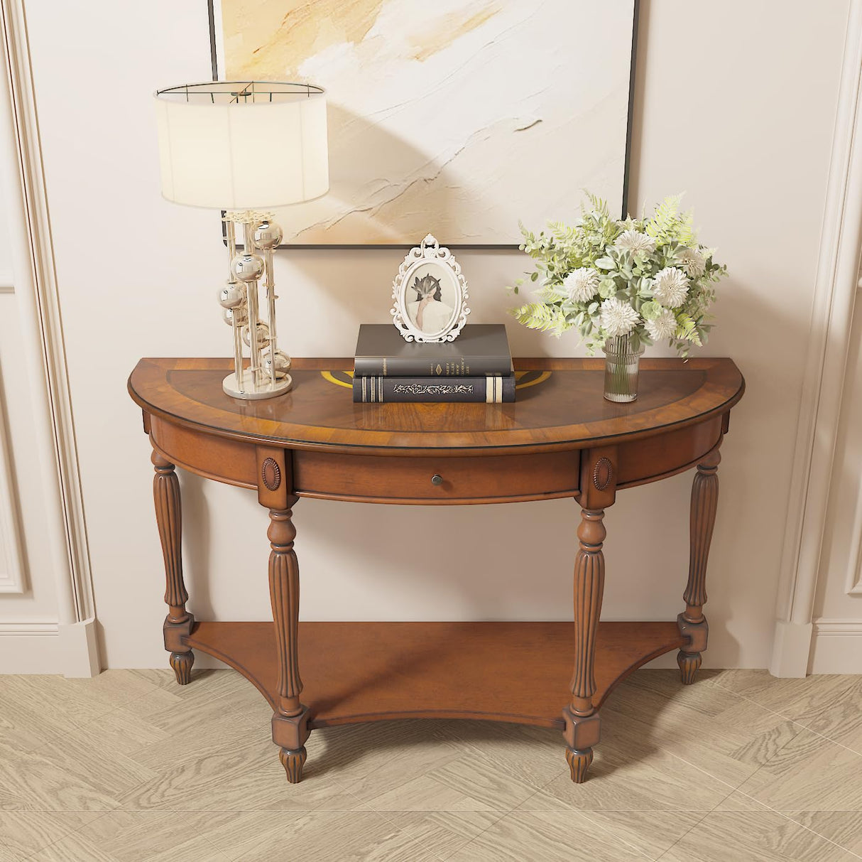 Entry Console Table With Drawer, Semi-Circle Wood Sofa Table with Storage Shelf