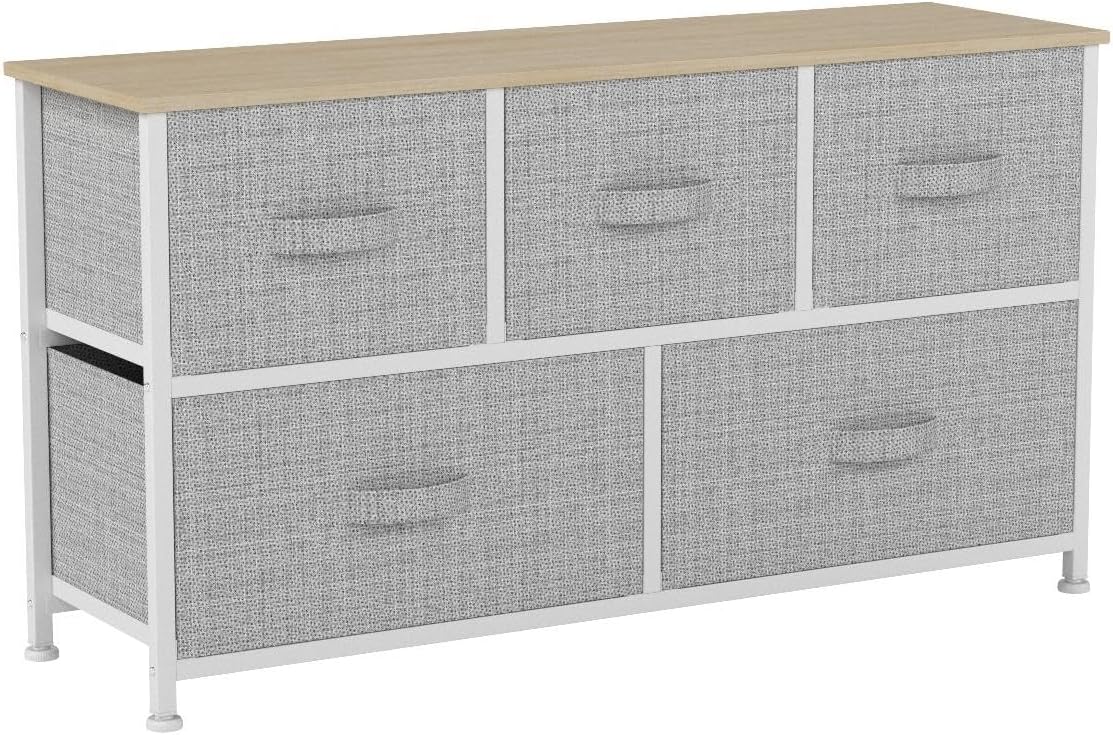 Wide Chest of Drawers, Dresser with 5 Drawers, Oak Greige Fabric Storage Tower