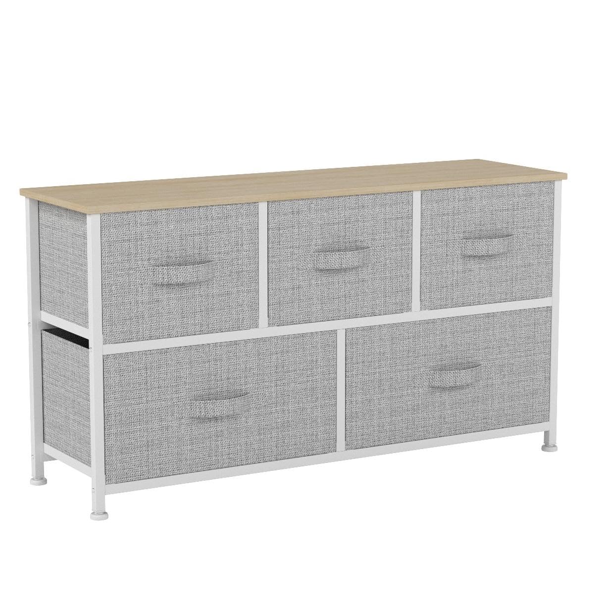 Wide Chest of Drawers, Dresser with 5 Drawers, Oak Greige Fabric Storage Tower